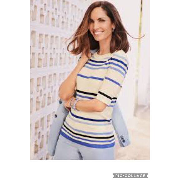 Talbots Womens Sweater XL Cream Oatmeal Blue Striped Knit Short Sleeve - Picture 1 of 9
